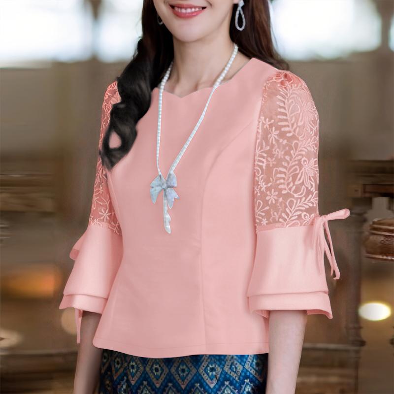 

ZANZEA Женская повседневная блузка с круглым вырезом, кружевной отделкой, рукавами 3/4, летняя M розовый