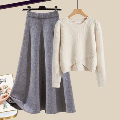 2pcs Women's Knit Skirt Suits Autumn Winter Crew Neck Sweater Knit Skirt Two Piece Set Loose Pullover Sweater Knit Top Skirt Outfits