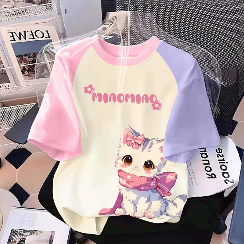T-shirt Stampata con Grafica di Gatto Cartone Animato per Ragazza Estiva Casual da Donna per Bambini a Maniche Corte Abbigliamento
