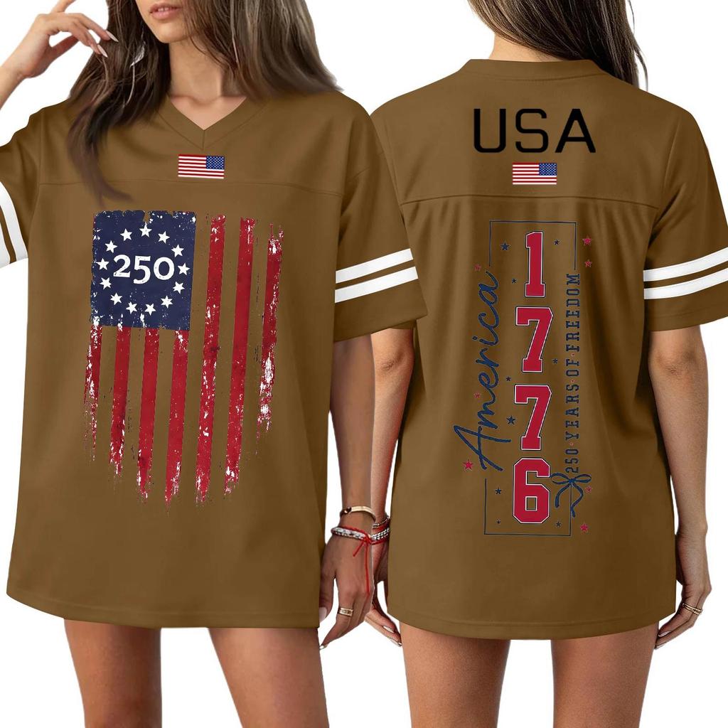 Women's Casual Fashion V-Neck Sports Independence Day Print Short Sleeve Sports T-Shirt Top