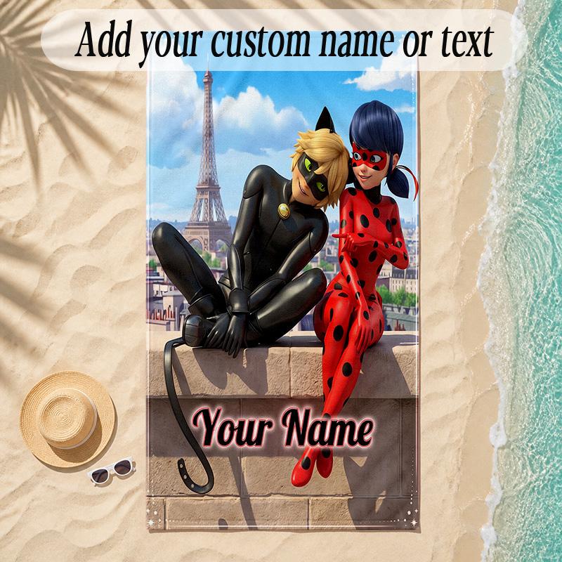 Beach TowelMiraculous Ladybug Custom Name Text Personalized Soft Towel for Beach Pool Indoor Home Decor Gift