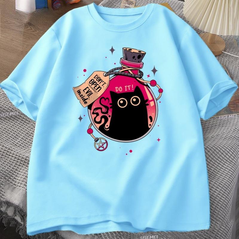 Bottled Evil Black Cat Tshirt Trendy Cotton Summer Tshirt Loose ShortSleeved Cat Design Clothes Unisex WOMEN Streetwear Clothes