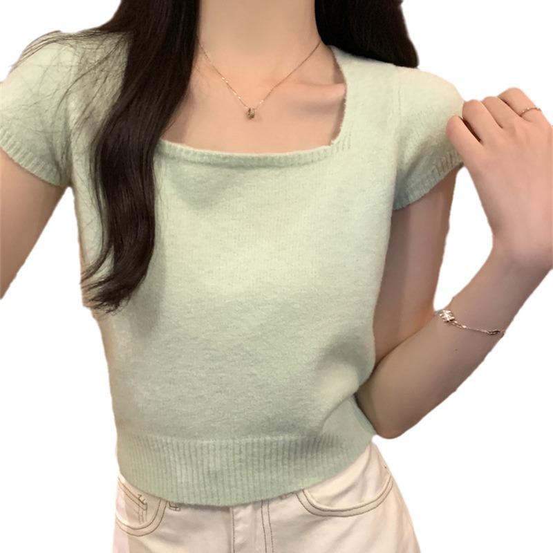French Sweet and Spicy Short-sleeved Women's Summer New Pure Desire Style Slim-fitting Knitted T-shirt Slim Square Collar Student Top