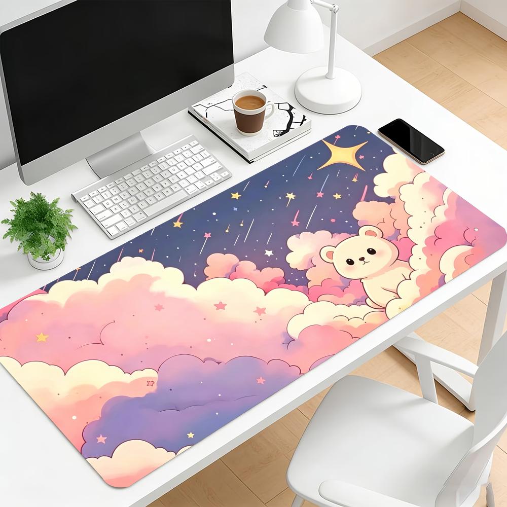 Covoraș pentru mouse gaming cu desene animate cu nori pastelati, stele și animale, cu bază de cauciuc antiderapantă și margine cusută, covoraș pentru tastatură pentru laptop, birou, setup desktop