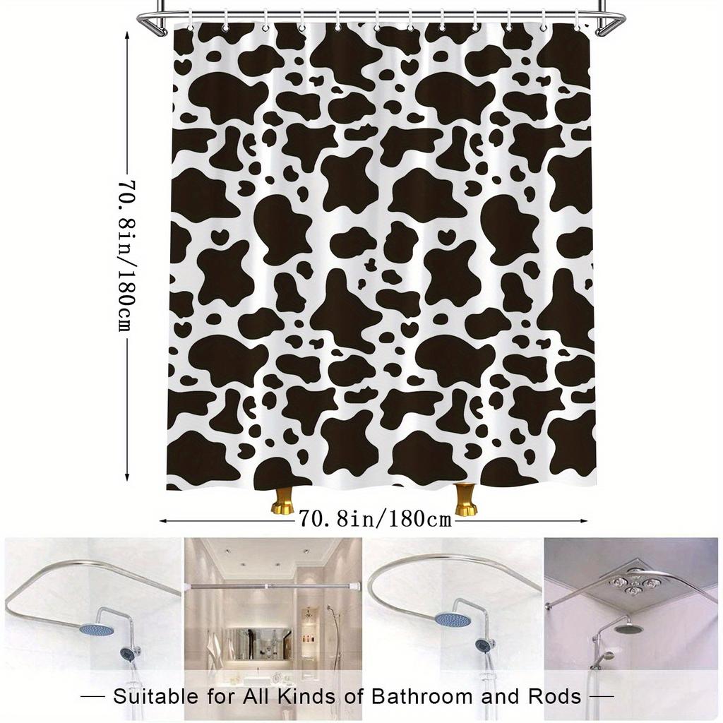 1Pc Cowhide Pattern Bath Curtain, Black Cow Spots On White Background, Random Amoeba-Like Shapes, Minimalist Design, Modern Cowh