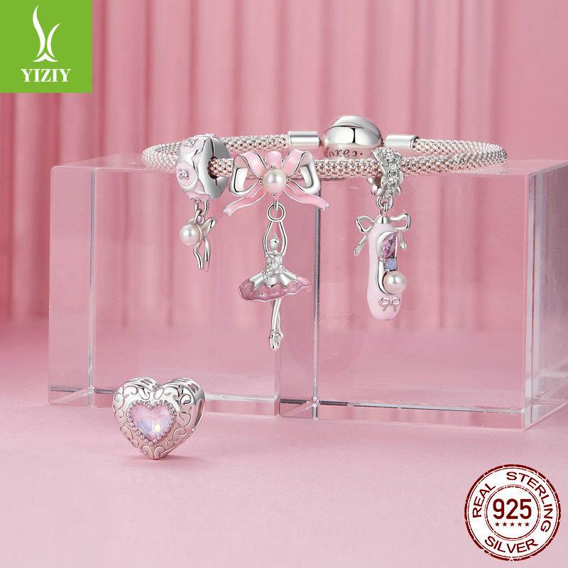 Romantic Pink Bow S925 Silver Pendant Jewelry Accessories Sweet High Heels Champagne Diy Beads