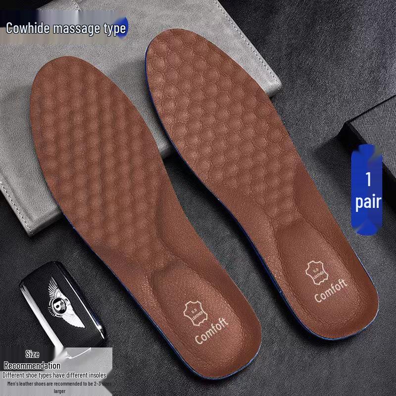 Men's Genuine Leather Breathable Sport Insoles - Sweat-Absorbent, Odor-Resistant, Shock-Absorbing, Soft-Cowhide Sole, Deodorizing for Casual Wear