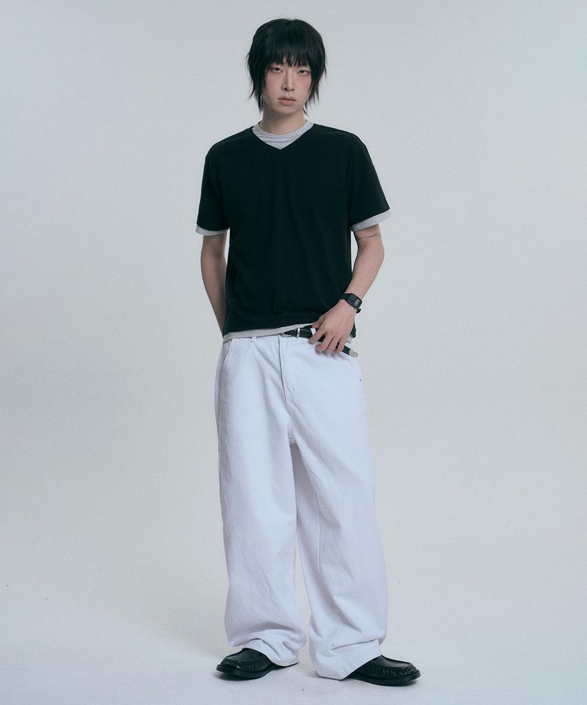 MOO Layered V-Neck Short Sleeve T-Shirt - Black