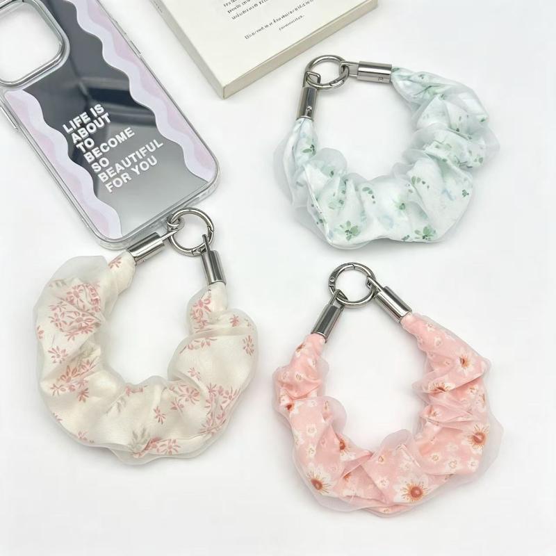 Korean Ins Floral Mesh Phone Wrist Strap Anti Lost Lanyard Keychain Pendant Lightweight Wristband For Phone Bag Daily Use
