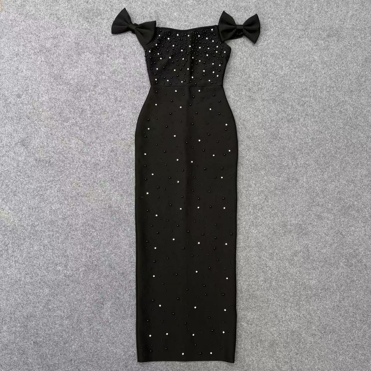 

Pearl Beaded Rhinestone Off-Shoulder Bodycon Evening Dress Small чорний