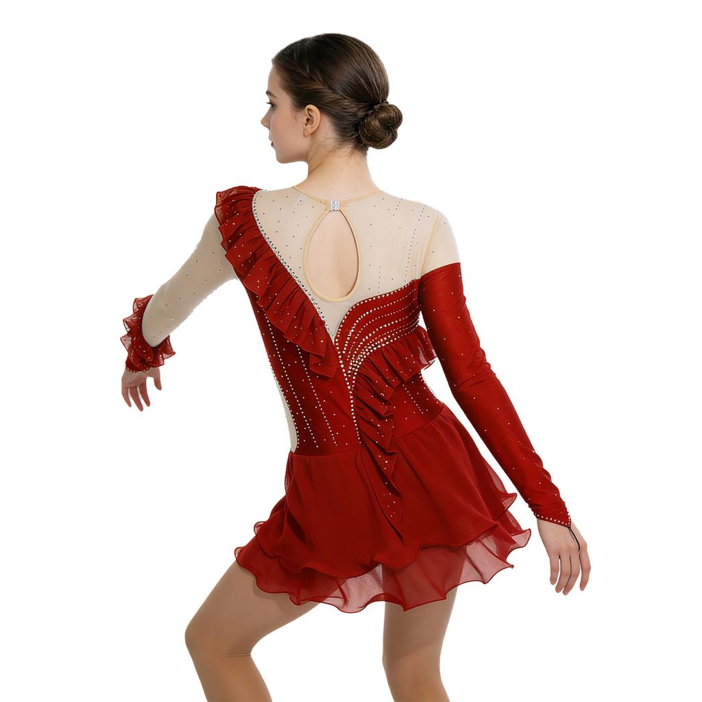 Womens Figure Skating Leotard Dress Ruffled Trim Rhinestones Tiered Chiffon Hem Skirt