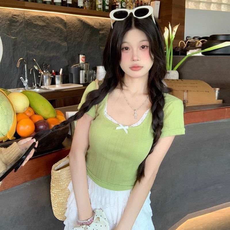 French Pure Lace Lace Short-sleeved T-shirt Women's Summer Bow Slim Waist Unique Chic Top
