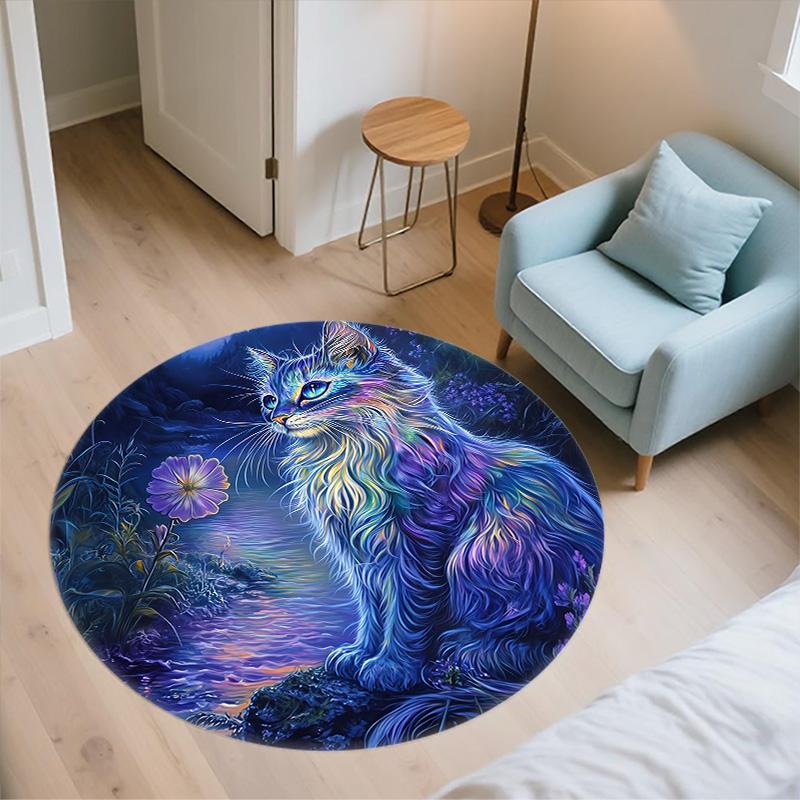 Night Cat Round Area Rug,Carpet Rug for Living Room Bedroom Sofa Playroom Decor,Non-slip Floor Mat