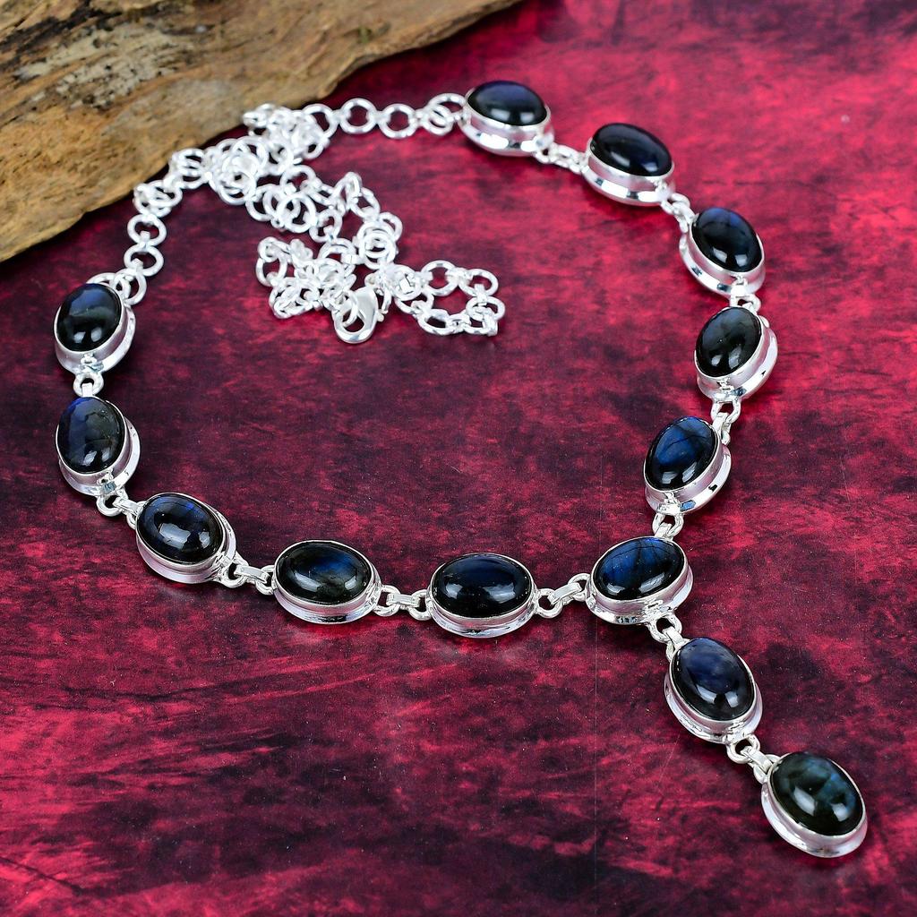 Colier cu Piatră Prețioasă Labradorit Lucrat Manual, Colier din Argint Sterlin 925 Masiv, Bijuterii Antice, Pentru Cadou de Logodnă