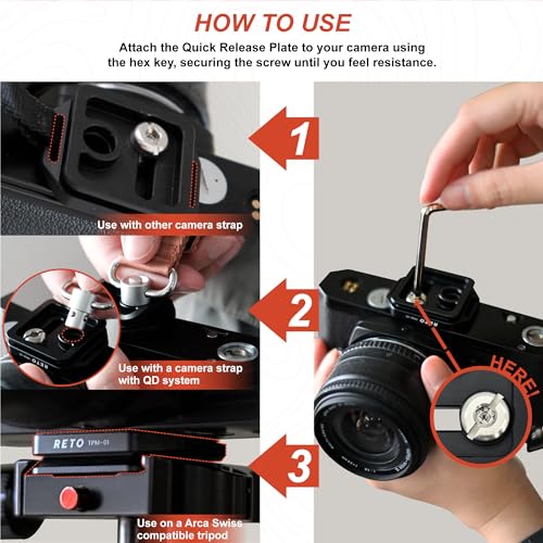 RETO TPM-01 Schnellwechselplatte mit 1/4"-20 Gewinde - QD und Arca-Swiss Kompatibel, Kompatibel mit KODAK Kamera-Tragegurten und Kamera-Tragegurten mit QD Slin