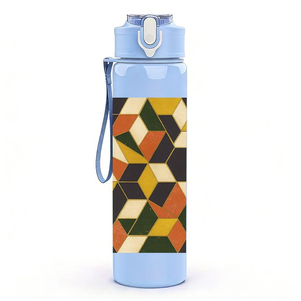 1PC Geometric Color Block Pattern 750ml Color Plastic Sports Water Bottle Leakproof Flip Straw Lid Suitable for Sports Office Home Use