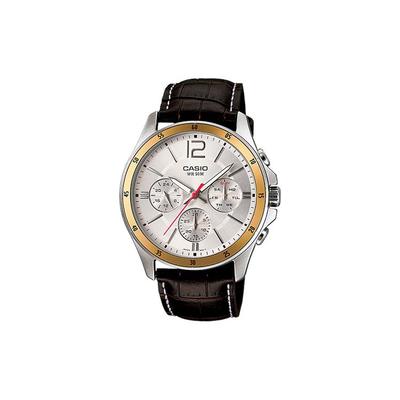 Enticer Series Dress Three Eyes Six Needles Business Casual Quartz Movement Genuine Leather Strap Men Watches Silver MTP-1374L-7AV