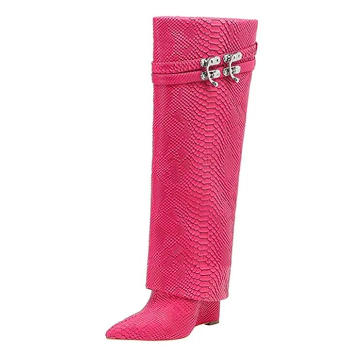 Fashion New Crystal Slope Heel Belt Buckle Decorative Skirt Boots Fashion High Heel Black Red 34-43 Knee Length Boots Winter Women Shoes