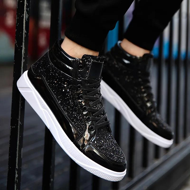 Men High Top Sneakers Male Ankle Boots Gold Luxury Glitter Shoes Streetwear Hip Hop Casual Boots Chaussures Spring