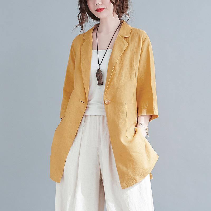 

Women s Plus Size Solid Color Linen Suit Jacket - Mid-Length, Casual, Autumn 2025 New Arrival L (120-135 jin) світло-жовтого кольору