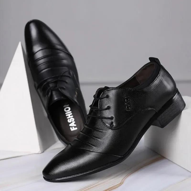 New Classic Men's Formal Shoes with Lace Up White Leather Shoes, Plus Size Pointed Business Casual Men's Wedding Formal Shoes