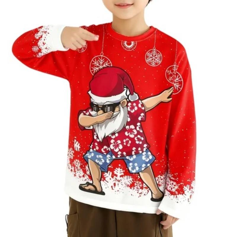 Children's Christmas Reindeer Print T-shirt Boys Cute Round Neck Long Sleeved Soft Comfortable Top