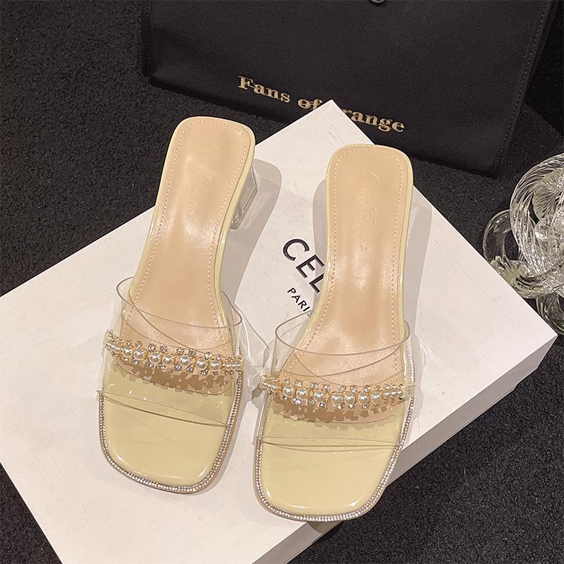 Transparente Hausschuhe Damen Strass Perle Ausgehen Ein-Wort-Slipper Sommer Neu Vielseitig Kristall Dicker Absatz Hoher Absatz Sandalen