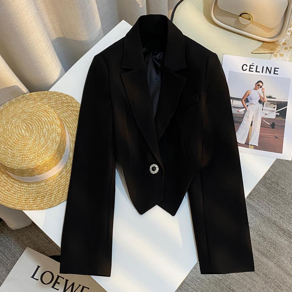 Women's Black Petite Blazer: 2025 Spring Short Padded Shoulder Design