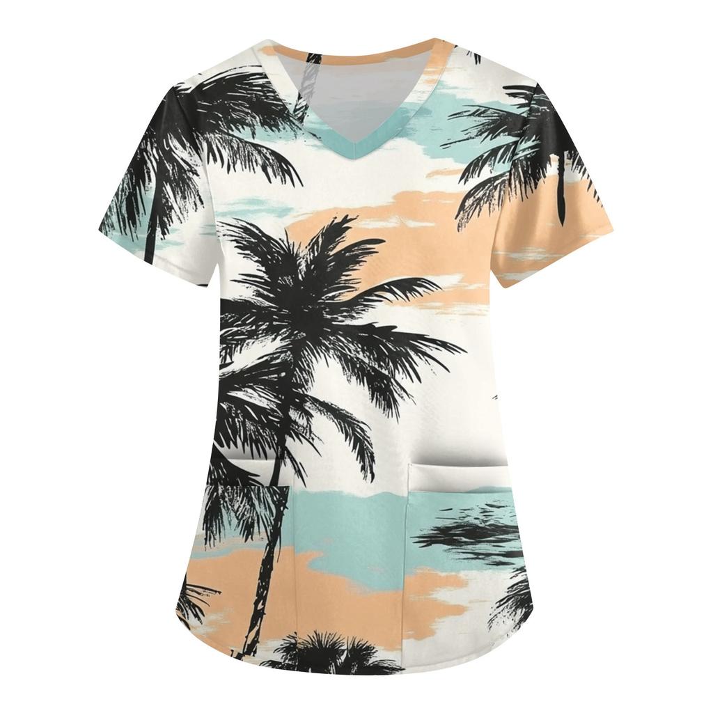 Damenmode V-Ausschnitt Kurzarm Arbeitskleidung mit Tasche Hawaii-Print Oberteil Pflegeranzug