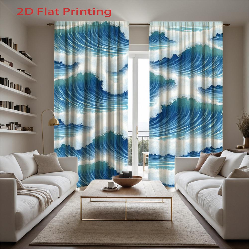 Set Of 2 Flat Printed Curtains Blue White Ocean Wave Pattern Home Decor Style Polyester Fabric Curtain Made With Rod Pocket