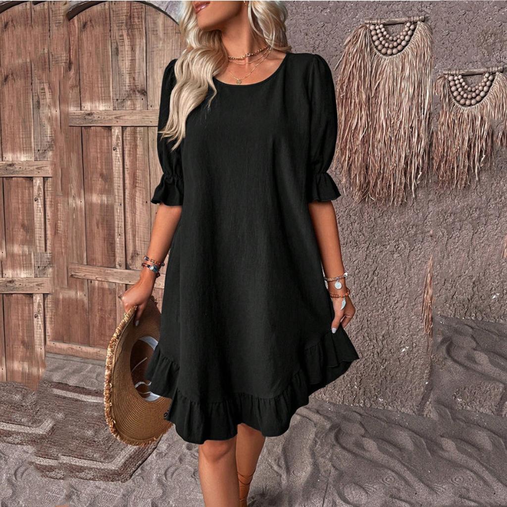 Women's Summer Casual Midi Sleeve Dress Round Neck Color Pullover Dresses