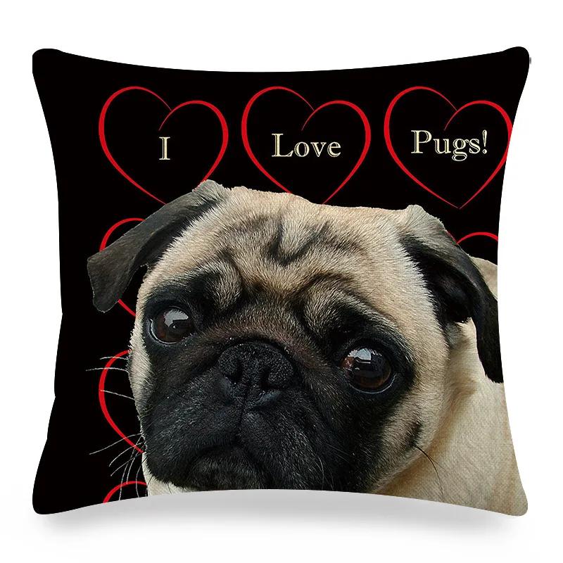 Pug Printed Pillows Cushion Cover 18x18 Inches Linen Pillowslip Home Sofa Car Decoration Throw Pillow Cover Cute Dogs Pillowcase