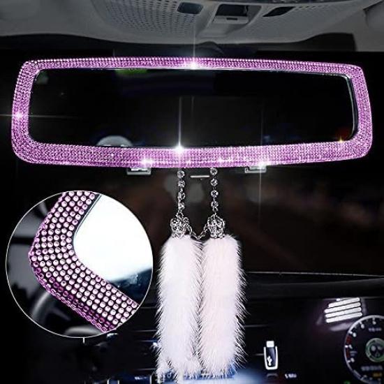 Bling Rhinestone Car Rear View Mirror with Crystal Diamonds Bling Rhinestones for Women,Car Interior Trim (Pink)