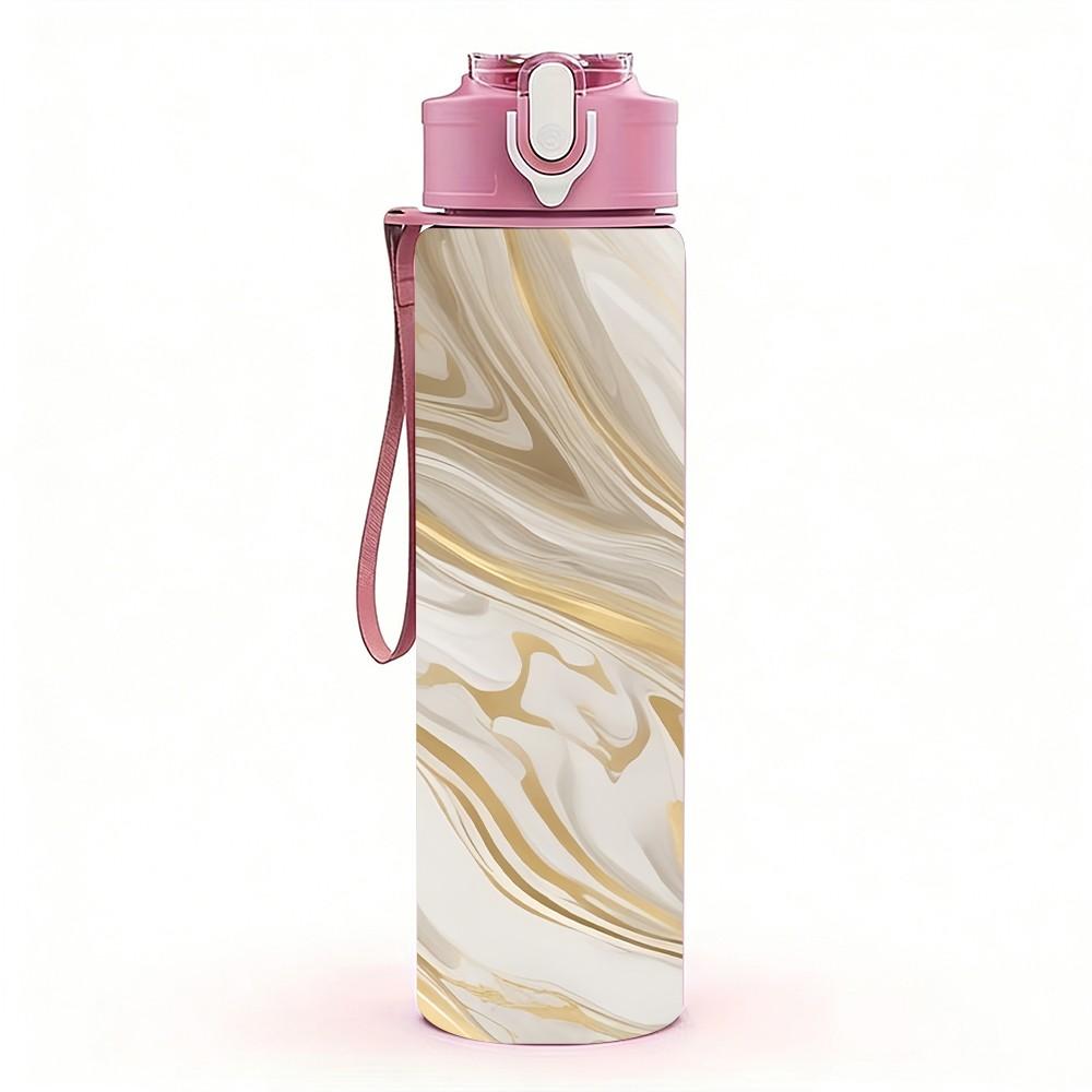 1PC Cream Gold Swirl Marble Pattern 750ml Color Plastic Sports Water Bottle Leakproof Flip Straw Lid Suitable for Sports Office Home Use