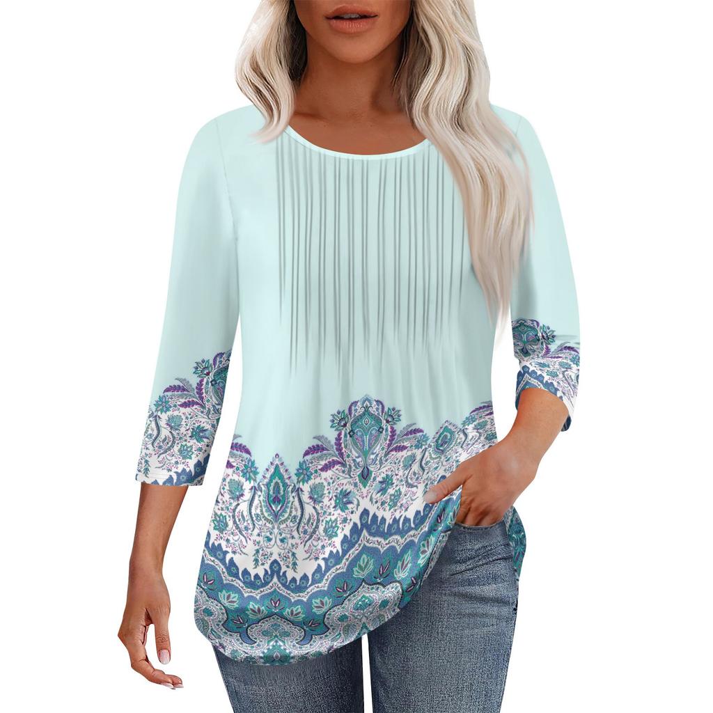 Women's Fashionable Casual Pleated Round Neck Casual Floral Print Seven Quarter Sleeved T-shirt Top