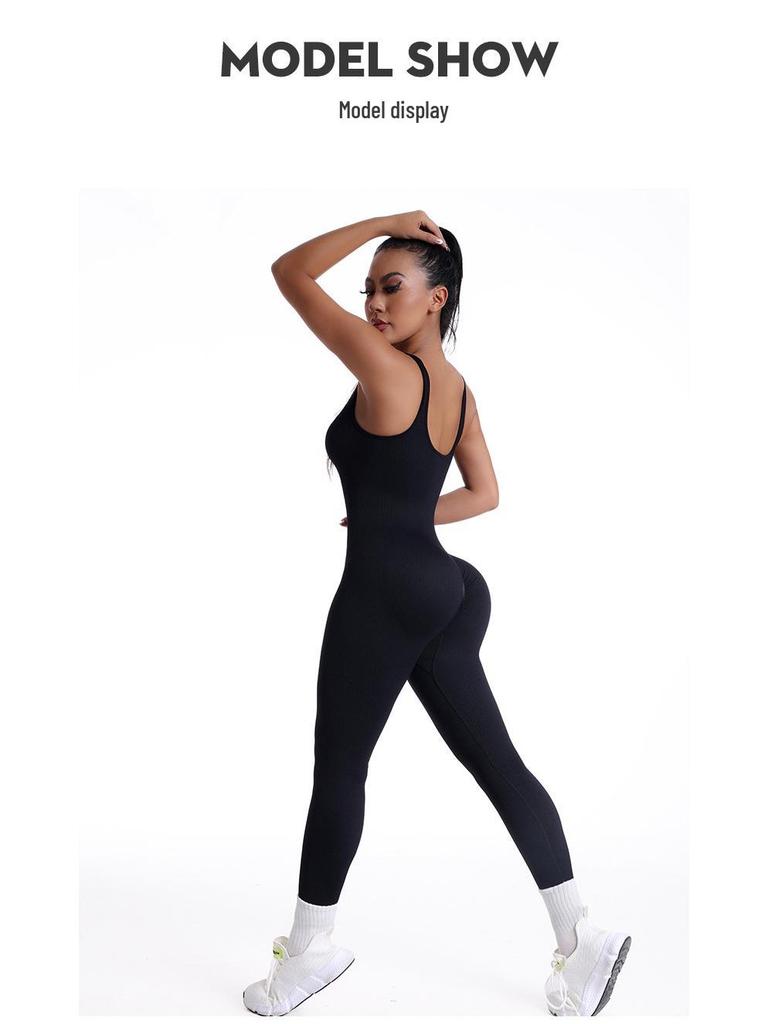 Seamless Ribbed V-Neck Backless Jumpsuit with Double Straps - Women’s Sport Body Shaping & Butt Lifting Yoga Suit