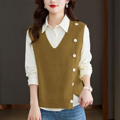 Chal de Punto Chal Traje de Otoño Nuevo Diseño para Mujer Cuello en V Botón Holgado Interior Pinza de Caballo Top