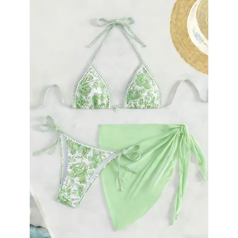 Women's Pink Paisley 3 Piece Bikini Set Halter Triangle Swimsuit With Cover Up Skirt