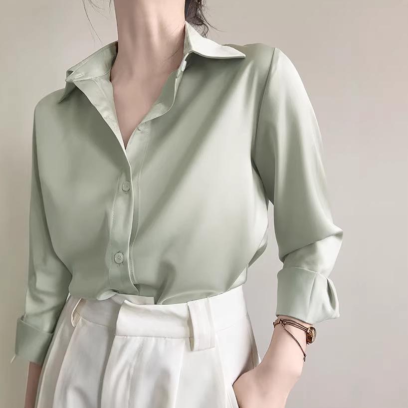 Elegant Women's Green Satin Shirt - Casual Commute Style, Spring Top