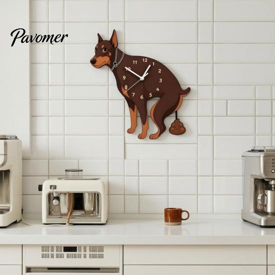 Easy Setup Wall Clock Pooping Dog Clock, Wooden with Swinging Pendulum, Silent Non Ticking Pet Lover for Living Room Home Office, Gift