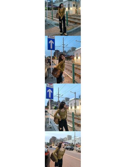 Sweet & Stylish Hot Girl V-Neck Long Sleeve Ribbed T-Shirt - Autumn Slim Fit Women's Top