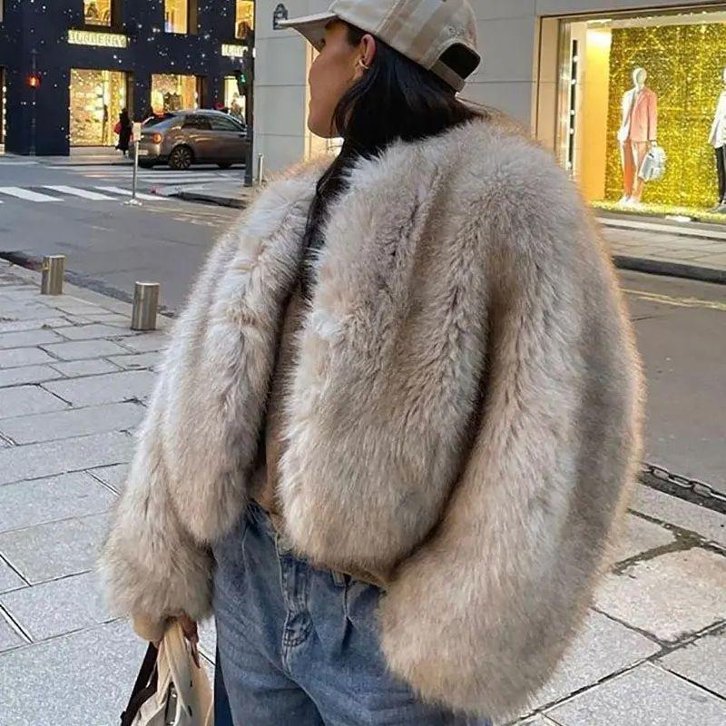 Fall and Winter Coat Short Women's Casual Fashion Street Style Imitation Fox Fur Fur Women's Fur Round Neck Tops Coat
