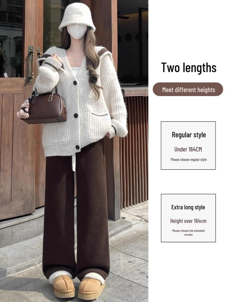 Women's High Waist Brown Velvet Corduroy Pants - Drape Wide Leg, Warm Lambswool Lining