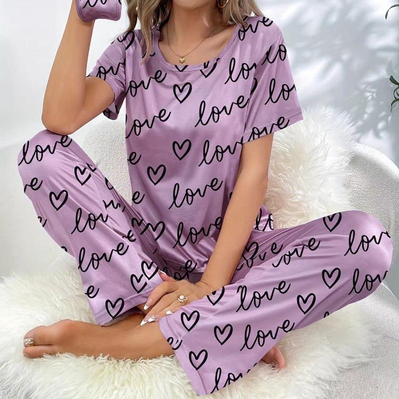 

Женская пижама темно-розового цвета с короткими рукавами и принтом в виде букв, футболка и брюки, одежда для сна With2Pieces, повседневная домашняя одежда XL фиолетовый