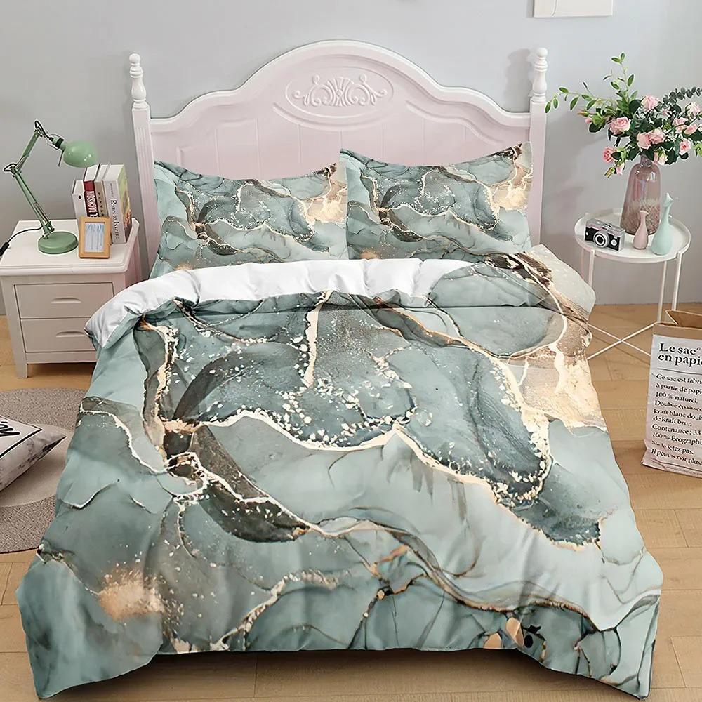 Marble Bedding Set King_Queen Size,Grey Gold Marble Duvet Cover Men Adults Modern Abstract Art Tie Dye Gothic Soft Quilt Cover