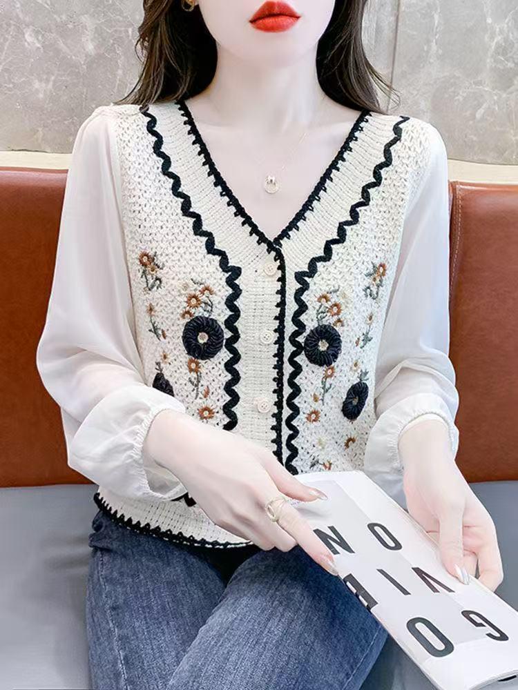 New Crochet Cardigan: Embroidered Long Sleeve Chiffon Shirt, Versatile Short Style, Sun Protection Knit Outerwear.