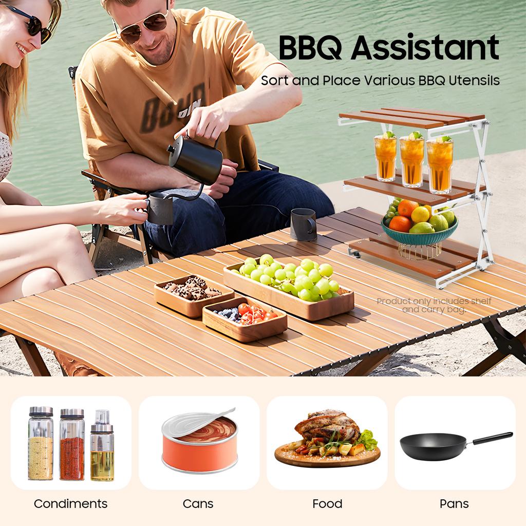 3-Tier Foldable Camping Shelf, Rustic Wood & Steel Storage Table for BBQ Picnic Outdoor, No Assembly Kitchen Bath Organizer