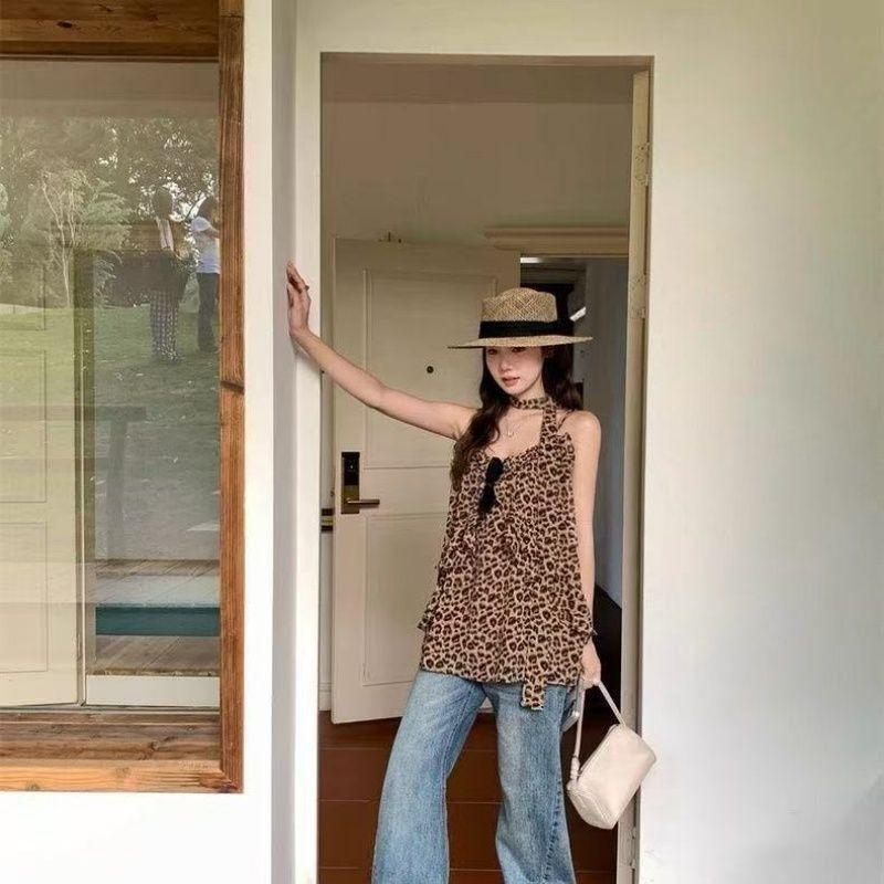 Sweet and cool babes leopard print streamer vest suspender women's summer design retro ruffle edge loose sleeveless top