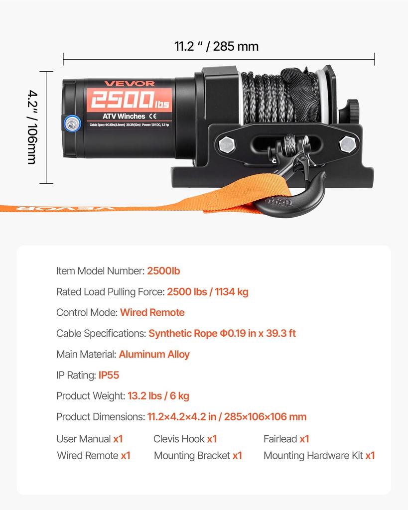 Wciągarka elektryczna 1134 kg, Wciągarka 12V DC do ATV/UTV z liną syntetyczną 4,8 mm x 12 m i przewodowym pilotem zdalnego sterowania, Wodoodporność IP55, Rolka prowadząca z aluminiową obudową