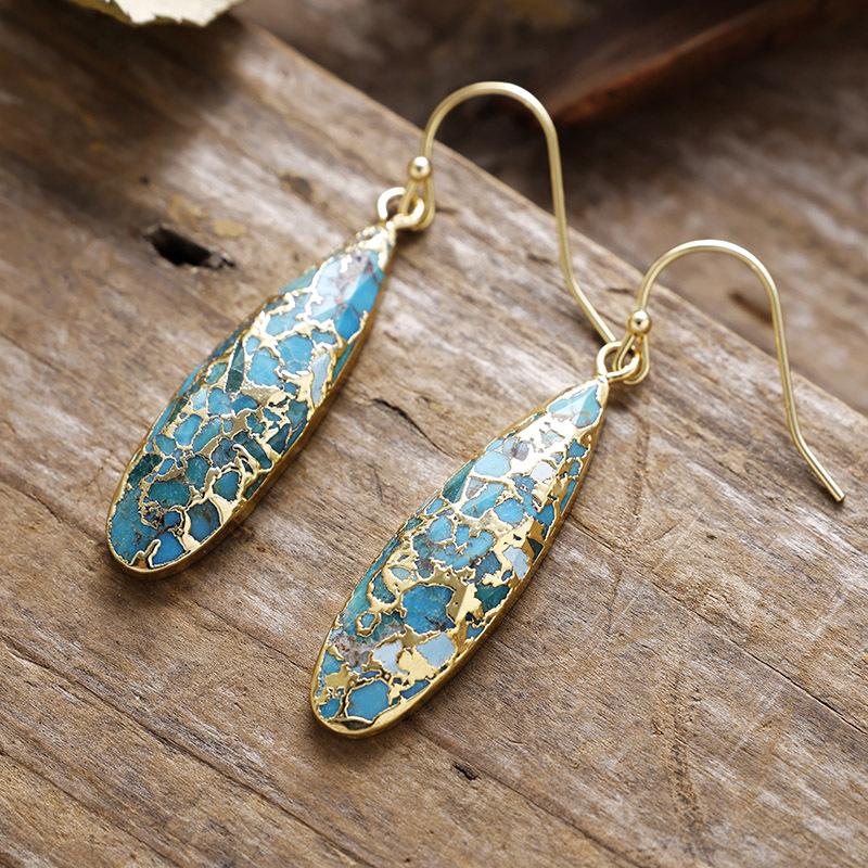 

Natural turquoise long water drop earrings, ear hook earrings, Japanese and Korean designer bohemian popular jewelry золотой